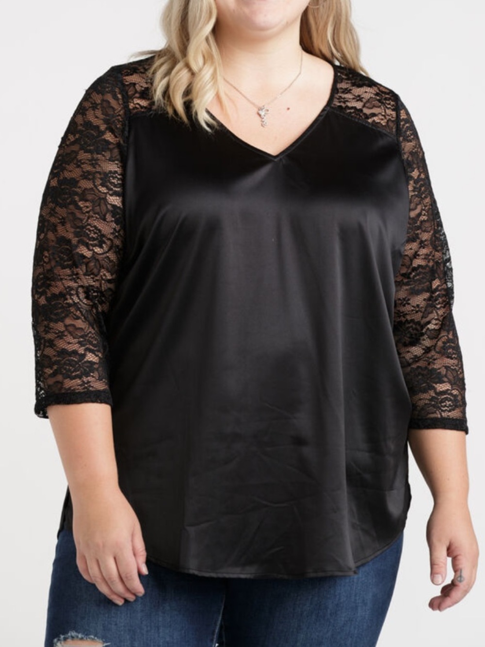 Black satin lace 3/4 sleeve flowy blouse romantic goth witchy edgy chic v-neck - Picture 2 of 16
